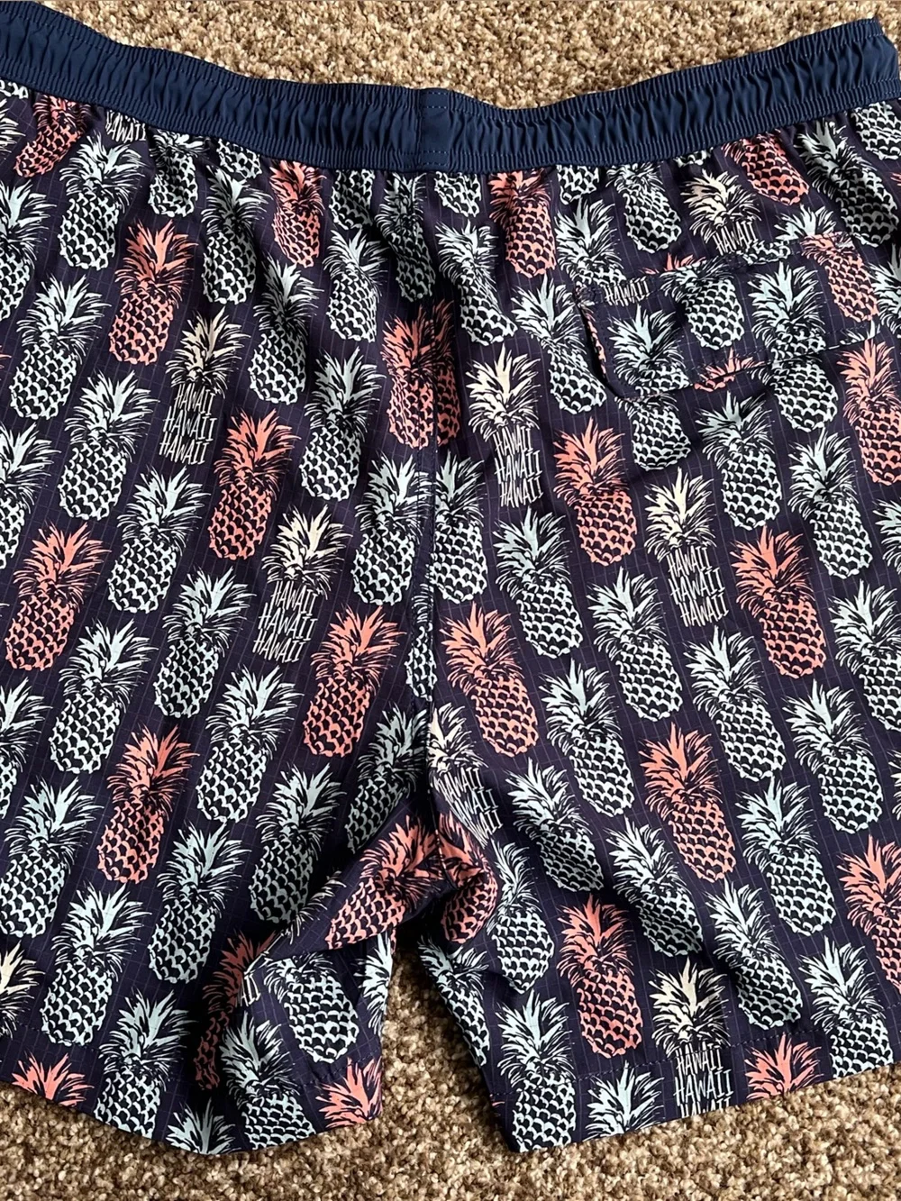 Tommy Bahama Hawaii Exclusive Navy Swim Trunks w/ Coral&Lt Blue Pineapple Print